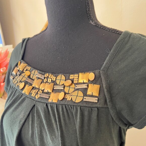 Y2K Forest Green Babydoll Gold Beaded Top - Picture 3 of 7